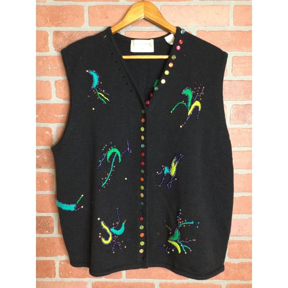 Lisa Nichols Vintage Embellished Knit Vest Plus Size 3X Multicolor Beads & Embro